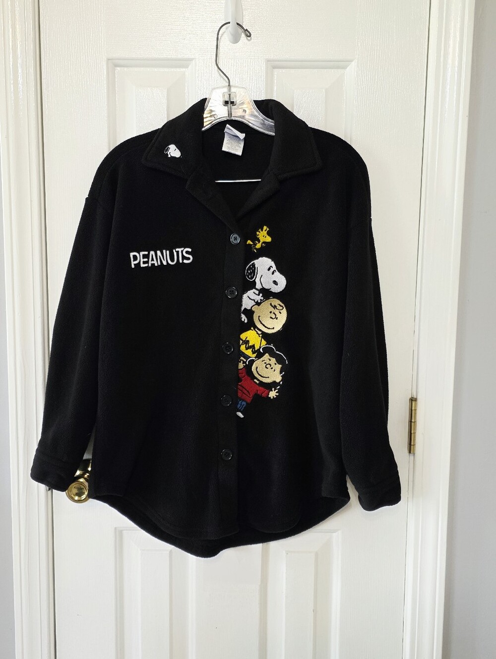 Peanuts Black Fleece Cardigan with Multicolor Character Stack Snoopy